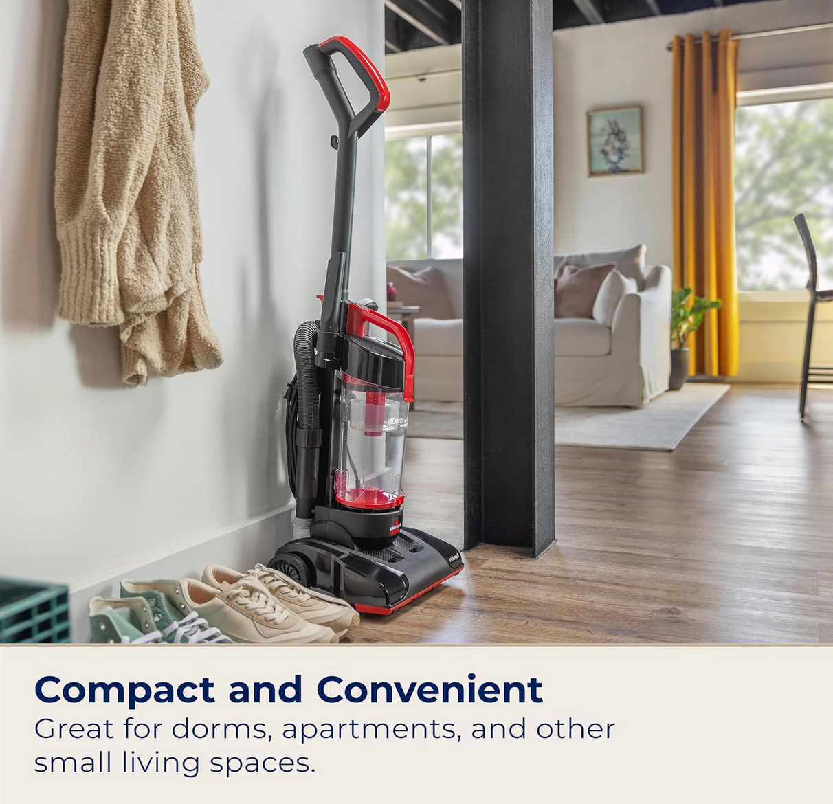 BISSELL CleanView Compact Upright Vacuum standing with cleaning 